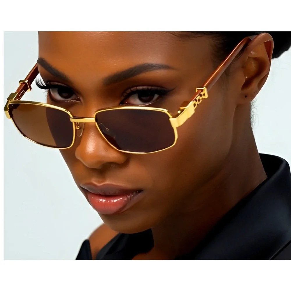 Gold Frame‎ Sunglasses Wood Arms Rectangular Lens Women Fashion Eyewear Trendy
